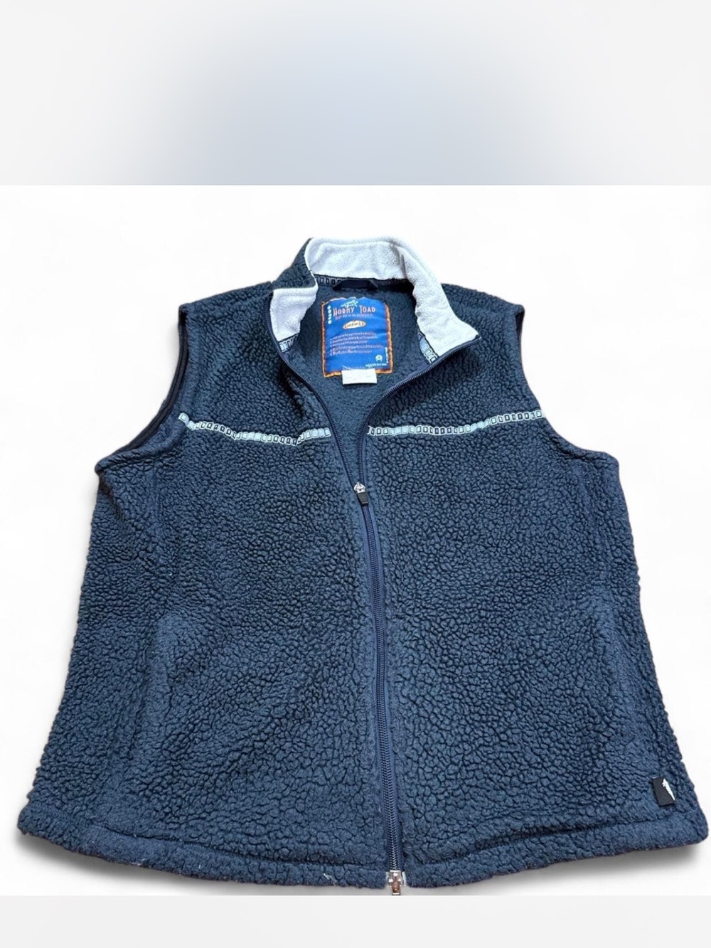 Horny Toad Navy Sherpa Vest with Cream Lining and Blue Patch vintage